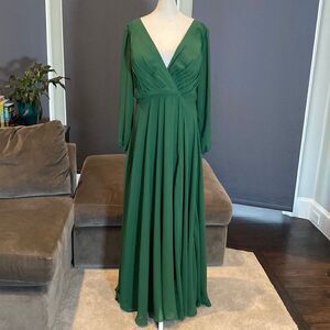 Women’s Green Chiffon Full Length Long Sleeve Dress Corset Back Leg Slit Size 12